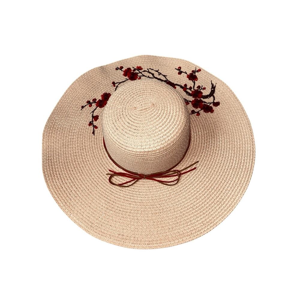 Wide Brim Pink Straw Sun Hat With Red & Black Delicate Floral Embroidery Design - Picture 4 of 8